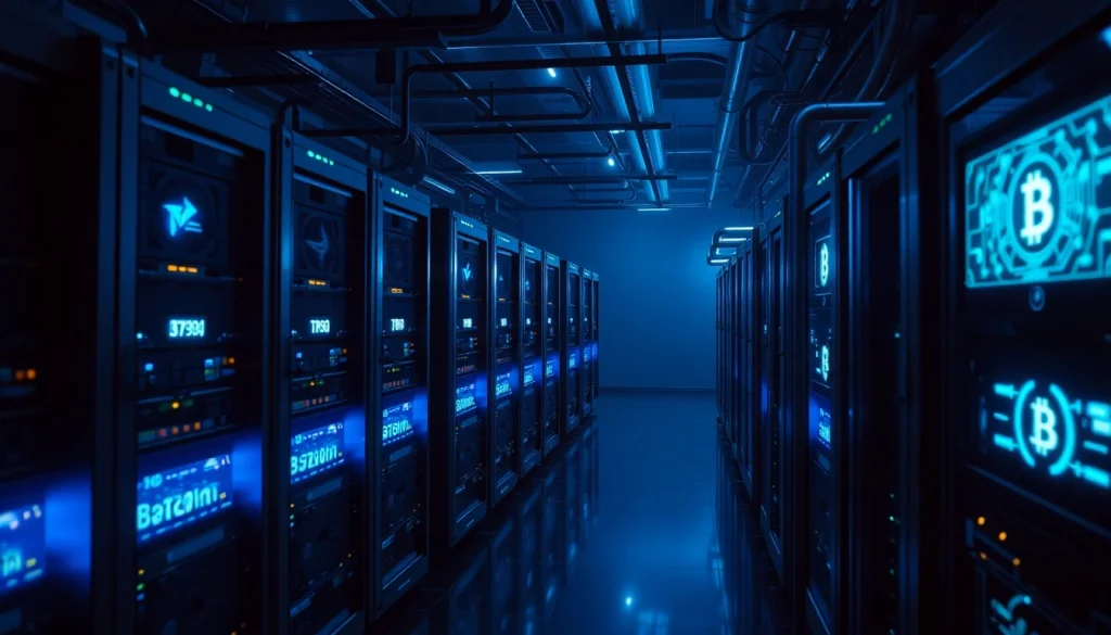 Discover Bitcoin mining in an advanced setup featuring illuminated mining rigs and digital blockchain elements.