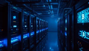 Discover Bitcoin mining in an advanced setup featuring illuminated mining rigs and digital blockchain elements.