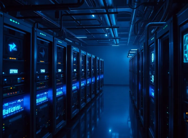 Discover Bitcoin mining in an advanced setup featuring illuminated mining rigs and digital blockchain elements.