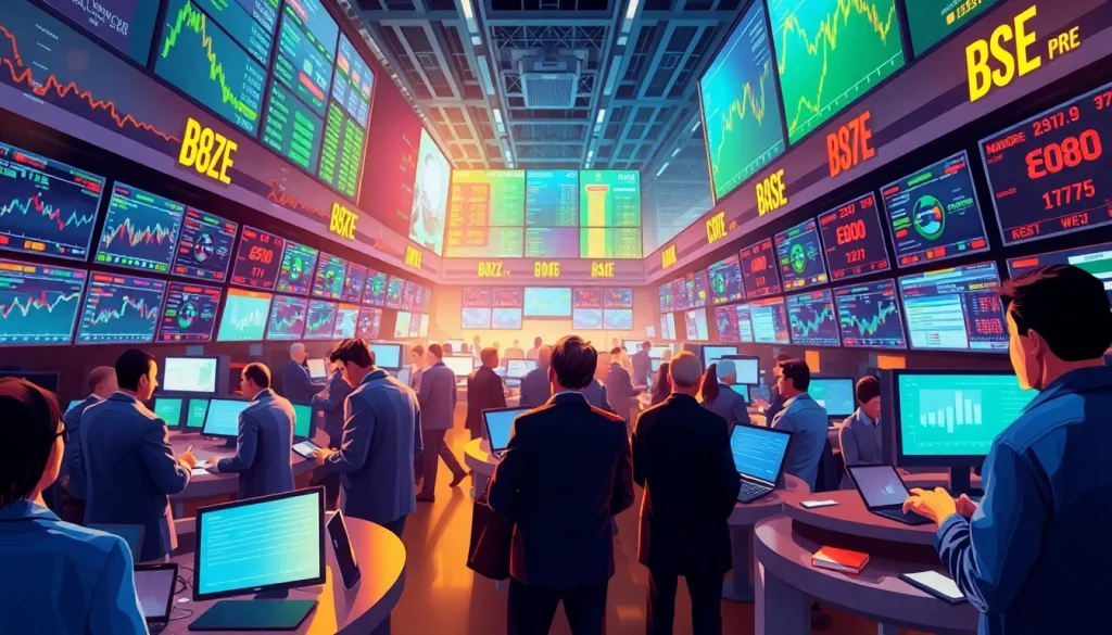 Showcase diverse traders actively engaging in Tradings on a busy trading floor, displaying stock charts and market activity.