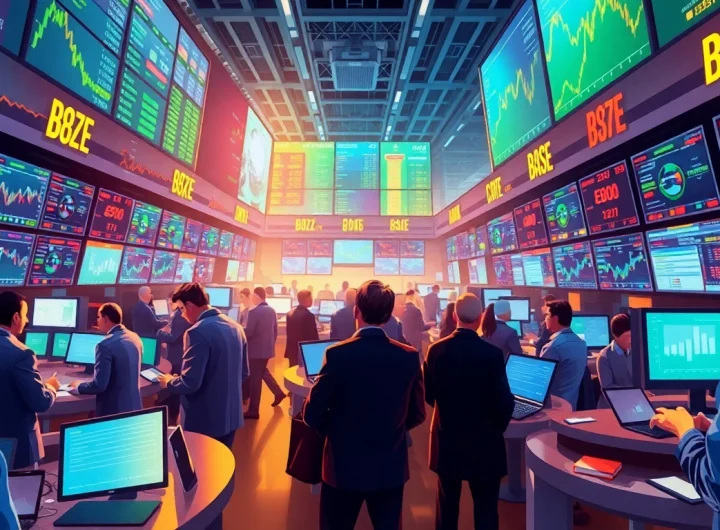 Showcase diverse traders actively engaging in Tradings on a busy trading floor, displaying stock charts and market activity.