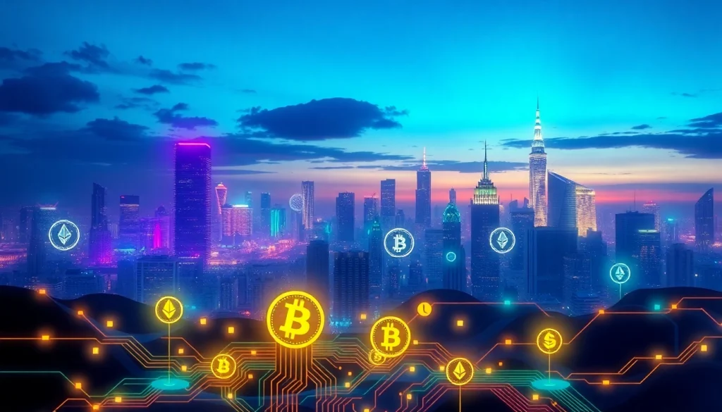 Discover the dynamic world of Crypto through vibrant digital coin representations amidst a futuristic skyline.