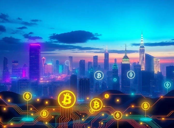 Discover the dynamic world of Crypto through vibrant digital coin representations amidst a futuristic skyline.
