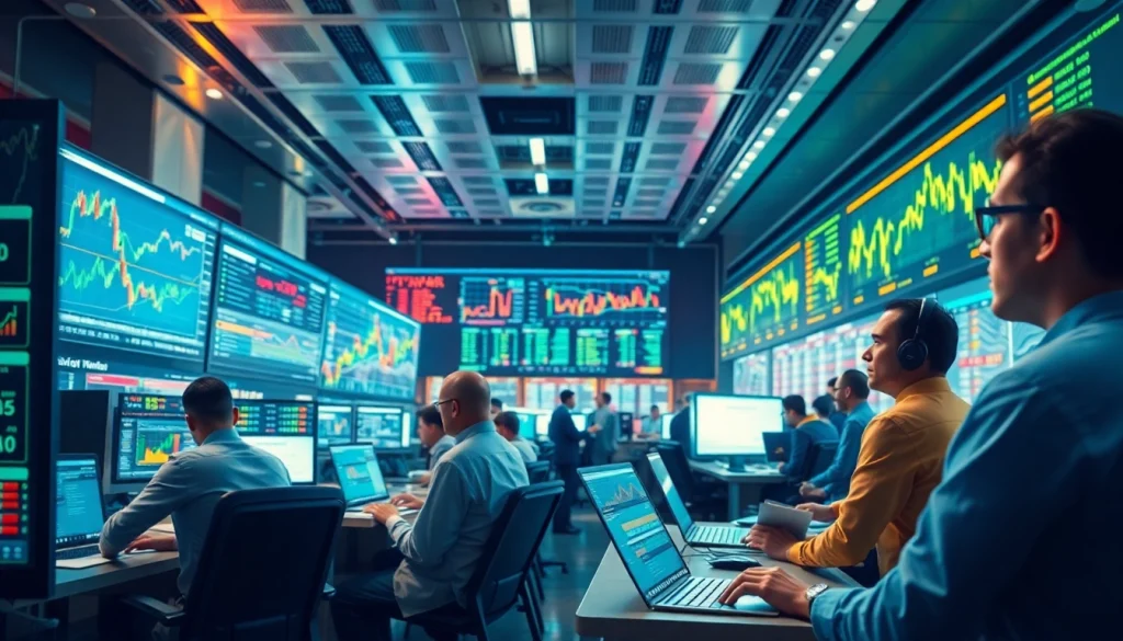 Experience dynamic tradings in a futuristic trading floor bustling with traders analyzing markets.