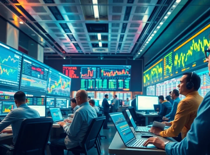Experience dynamic tradings in a futuristic trading floor bustling with traders analyzing markets.