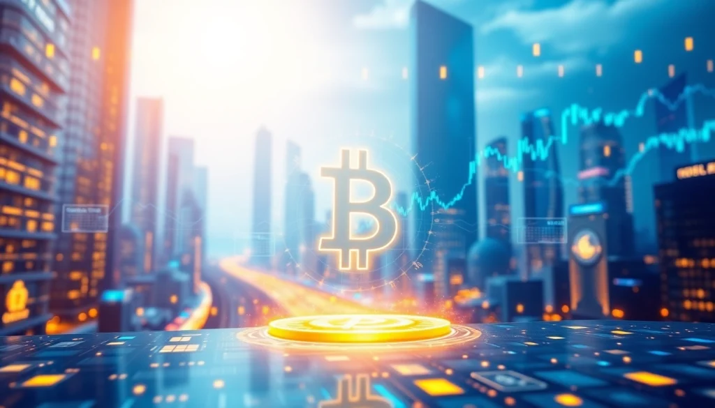 Visualize Bitcoin symbolizing the future of money amidst a futuristic cityscape.