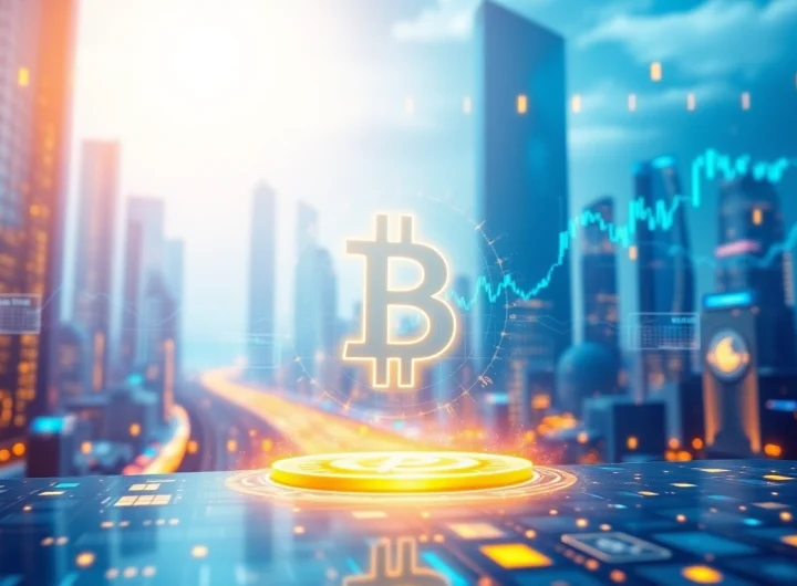 Visualize Bitcoin symbolizing the future of money amidst a futuristic cityscape.