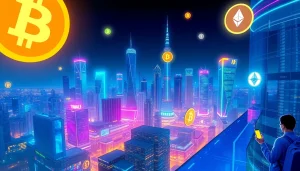 Explore the vibrant Crypto world with neon-lit city skyline symbolizing innovation in digital currencies.