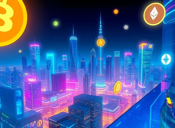 Explore the vibrant Crypto world with neon-lit city skyline symbolizing innovation in digital currencies.
