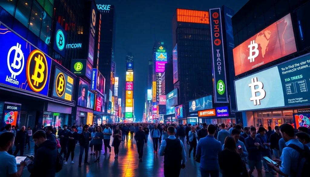 Explore the energetic city at night, showcasing Bitcoin prominently on digital screens.