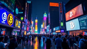 Explore the energetic city at night, showcasing Bitcoin prominently on digital screens.