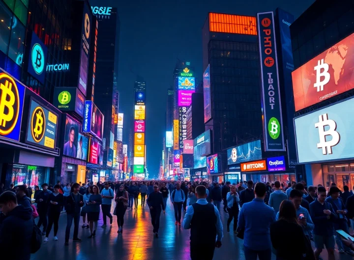 Explore the energetic city at night, showcasing Bitcoin prominently on digital screens.