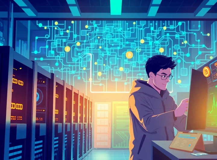 Visualize the complexities of Bitcoin mining with state-of-the-art mining rigs and blockchain data analytics.