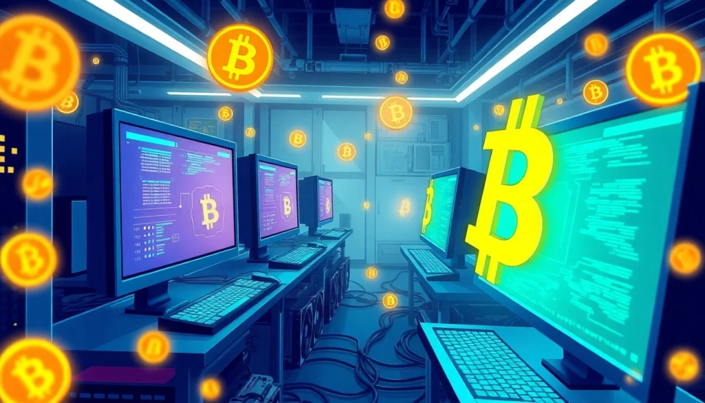Explore Bitcoin mining in a vibrant tech environment with active computer stations.