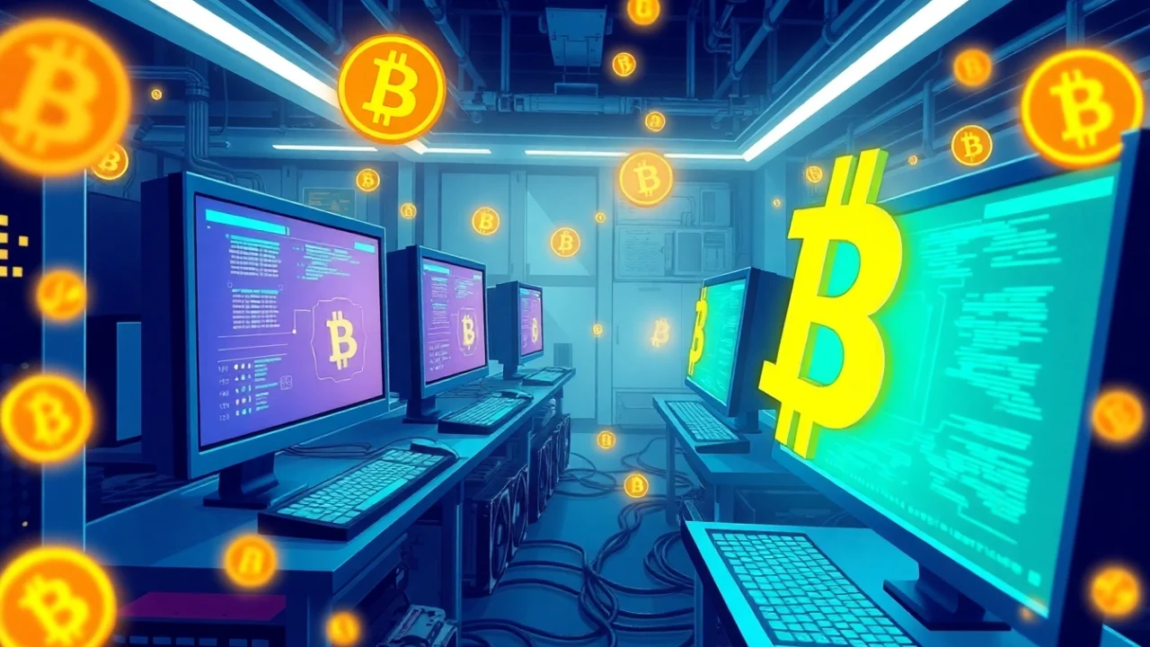Explore Bitcoin mining in a vibrant tech environment with active computer stations.