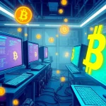 Explore Bitcoin mining in a vibrant tech environment with active computer stations.