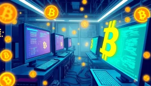 Explore Bitcoin mining in a vibrant tech environment with active computer stations.