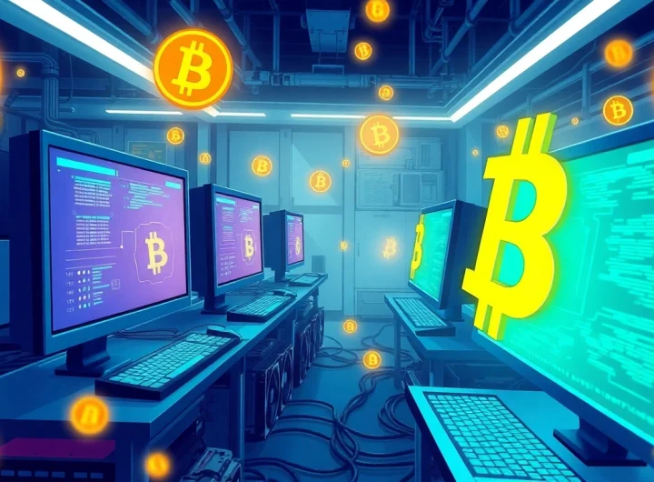 Explore Bitcoin mining in a vibrant tech environment with active computer stations.