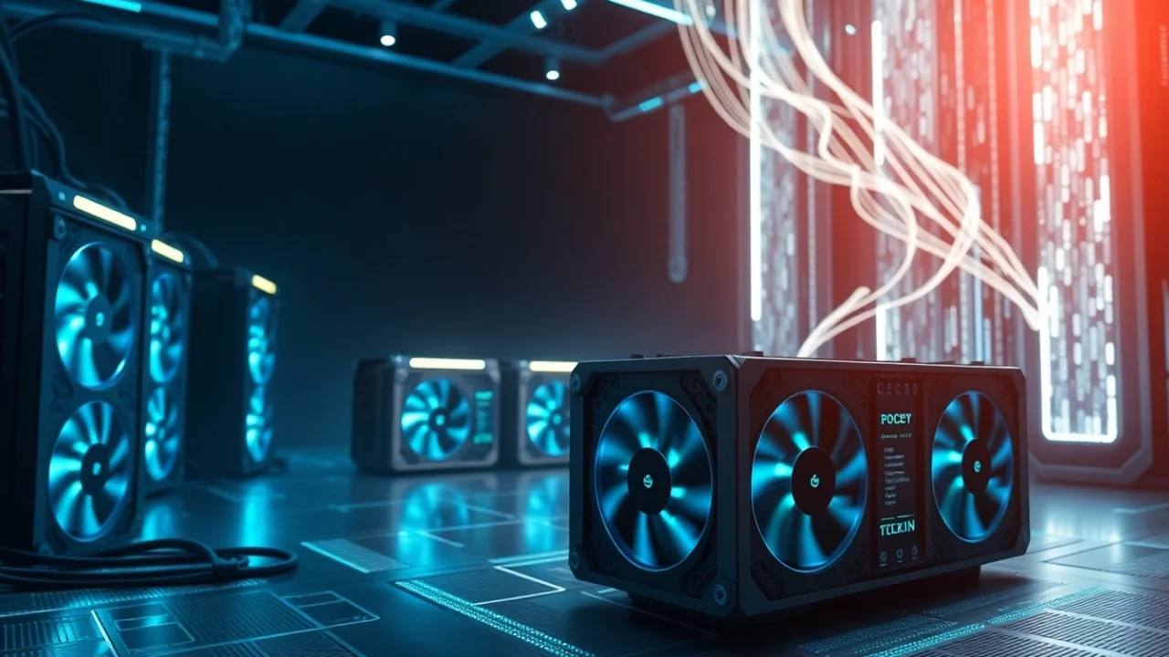Visualize Bitcoin mining with a cutting-edge mining rig amid floating code, showcasing advanced technology.