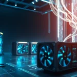 Visualize Bitcoin mining with a cutting-edge mining rig amid floating code, showcasing advanced technology.