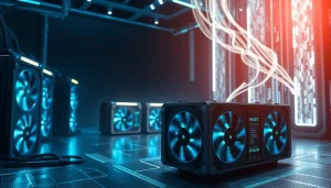 Visualize Bitcoin mining with a cutting-edge mining rig amid floating code, showcasing advanced technology.