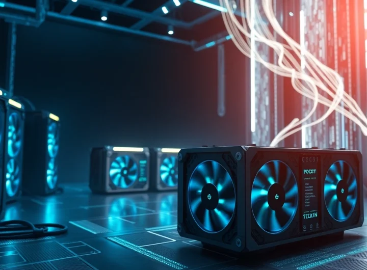 Visualize Bitcoin mining with a cutting-edge mining rig amid floating code, showcasing advanced technology.